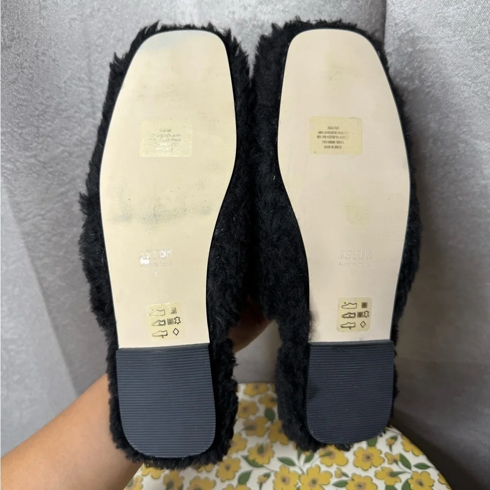 NEW ASTER Faux Fur Square Toe Mule Flat Black Women’s Sz 5